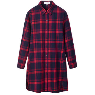 恒源祥女装上衣春秋红色格子衬衫宽松外搭长袖衬衣中长磨毛棉外套