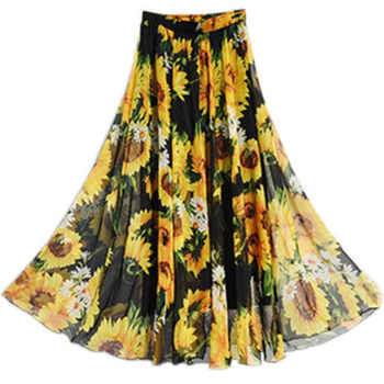 ແບບ Bohemian ພິມ chiffon ກາງ-ຍາວ skirt floral skirt A-line skirt ຂະຫນາດໃຫຍ່ hem ແມ່ຍິງ skirt ຫາດຊາຍຍາວ skirt