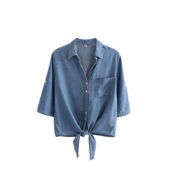 Shirt-style short coat for women with knotted v-neck Tencel denim 2024 spring and summer new style waistcoat with rollable sleeves