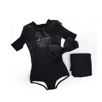 ຊຸດລອຍນ້ຳ CORTUBO ຜູ້ຍິງແຂນຍາວ lace split swimsuit veil three-piece set plus size slimming belly-covering swimsuit hot spring