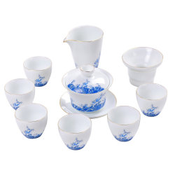 Dehua Ceramics Household Simple Covered Bowl Teacup Teapot Blue Wave Kung Fu Tea Set White Porcelain Tea Set Accessories