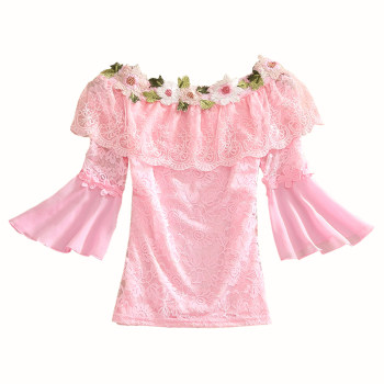 ເສື້ອຍືດແຂນສັ້ນ floral one-line collar pullover lace shirt sleeve women's trumpet sleeve off-the-shoulder top bottoming shirt women's trendy