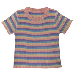Hyuna Wind Rainbow Striped Short Sleeve T-Shirt Female Student Summer Round Neck Ice Silk Knit Sweater T-Shirt