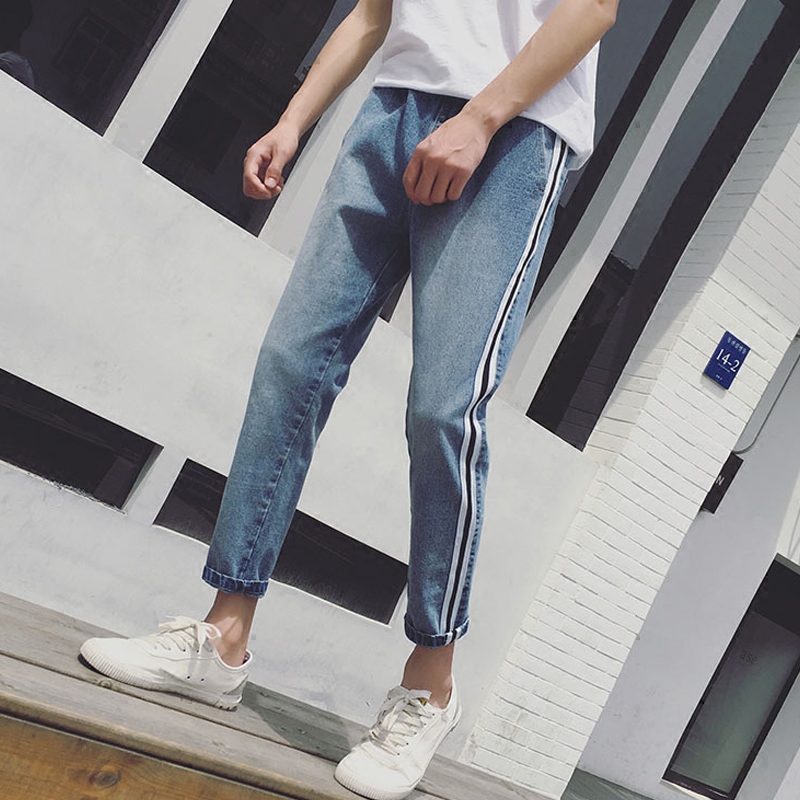 秋季韩版男士时尚小脚裤条纹哈伦牛仔裤青少年学生修身九分裤子潮