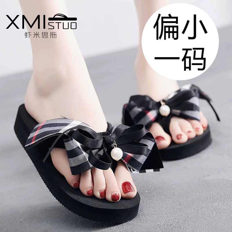 độ dốc mới với dép cao gót nặng đáy nữ mùa hè mặc ngoài flip-flops dép nơ ngọt dép 