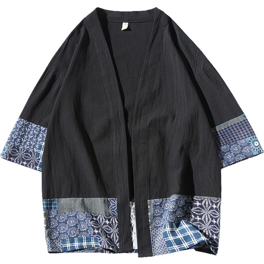 中国风男士拼接七分袖汉服开衫新中式唐装复古风披风外套大码宽松