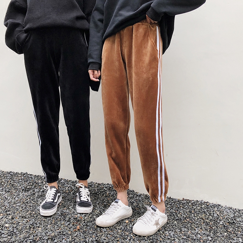 黑色金丝绒运动裤女秋冬加厚加绒宽松大码显瘦哈伦休闲小脚卫裤潮