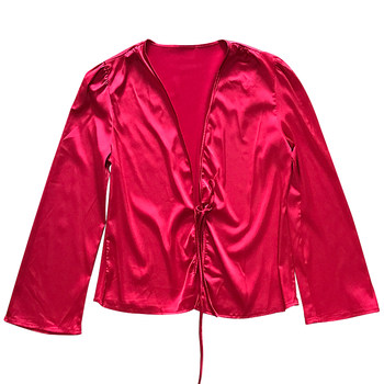 Luoluo electric style sexy satin ສີແຂງຂອງ cardigan ແຂນຍາວ V-neck drawstring