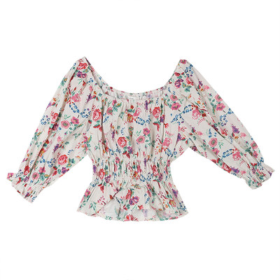 ISSDM South French Rose Manor Sexy sweet and careful machine chiffon shirt one-shoulder puff sleeve floral top