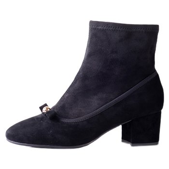 VDVC French niche new sheepskin elastic short bow thick heel short boots ເກີບຫນັງແທ້ຂອງແມ່ຍິງ mid-heel socks boots