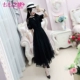 The Margin of Seven-Seven Summer New Women’s Style Korean Style Black Lace Slim Fairy Váy Váy dài voan cổ tích - Váy dài