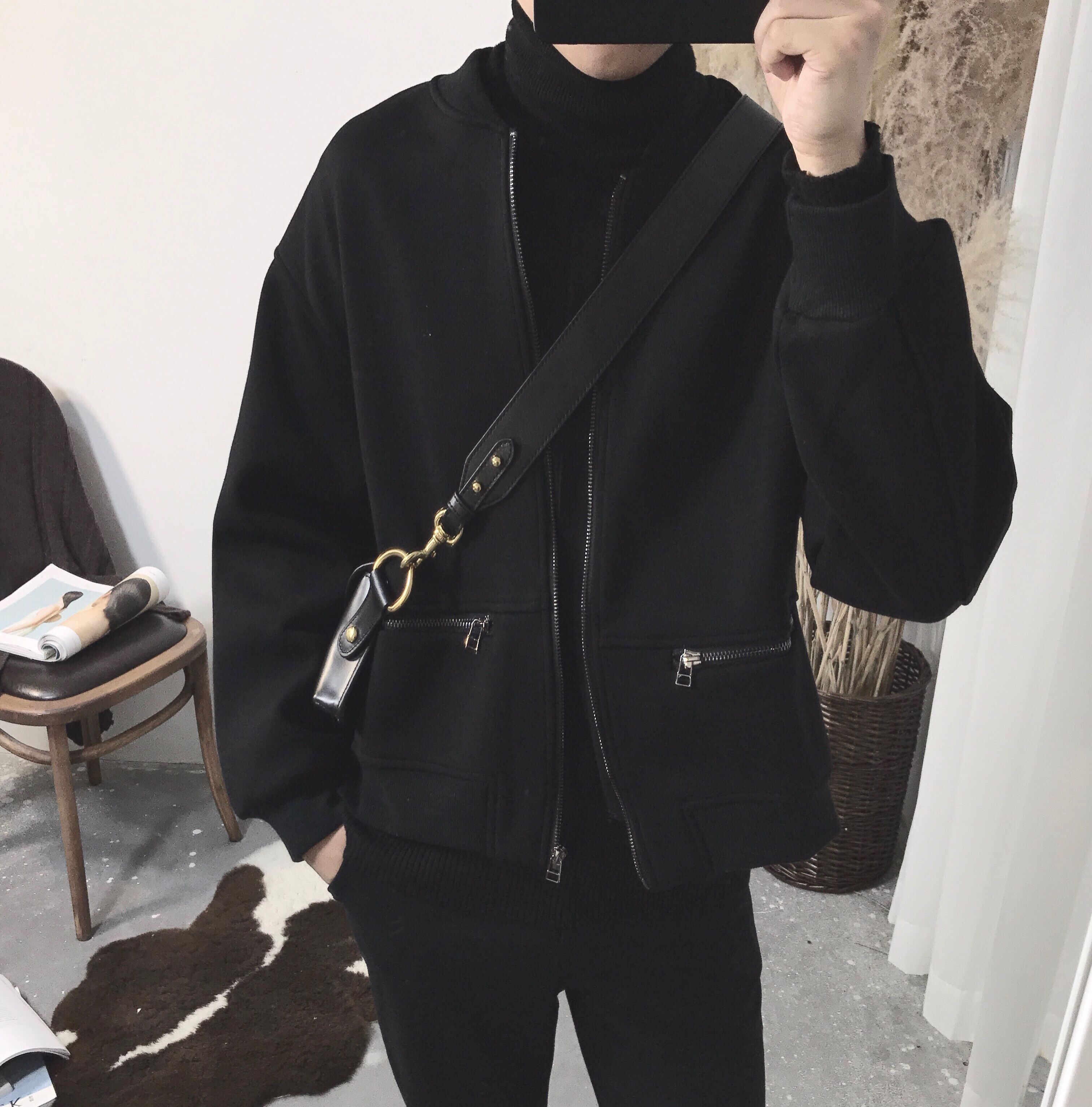 阿茶与阿古黑色廓形短款黑色棒球服夹克