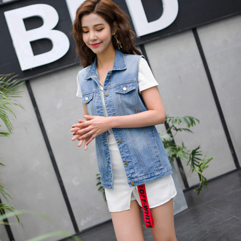 2020 mùa xuân và mùa thu Hàn Quốc phiên bản của denim áo giáp cô gái dài vừa lỏng hiển thị mỏng Hàn Quốc không tay BF gió nhỏ kích thước lớn vest màu xanh nhạt