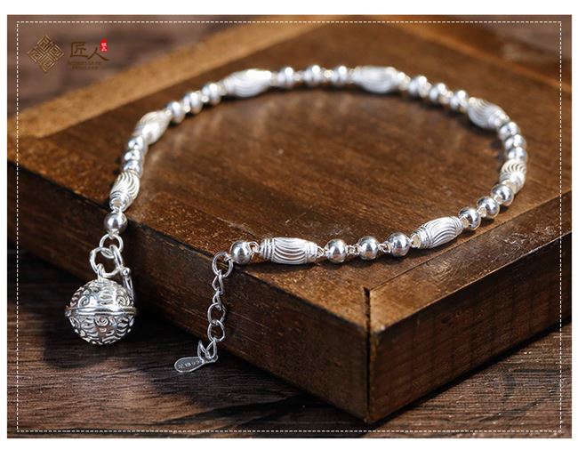 Sản phẩm mới Năm cung hoàng đạo Cổ điển gió Cung điện Chuông Vòng chân Nữ 999 Sterling Bạc Ô liu Hạt tròn Mắt cá chân Chuỗi chuông Vòng chân - Vòng chân