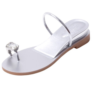 Net red inside the new pigeon egg flat bottom toe outside wearing slippers rhinestone wedge with a word with sandals summer women's tide