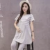 Phụ nữ mang thai cổ tròn sọc phù hợp với thời trang mùa hè 2020 mới Hàn Quốc tay áo ngắn rộng rãi giản dị hai mảnh phù hợp với mỏng - Áo thai sản Áo thai sản