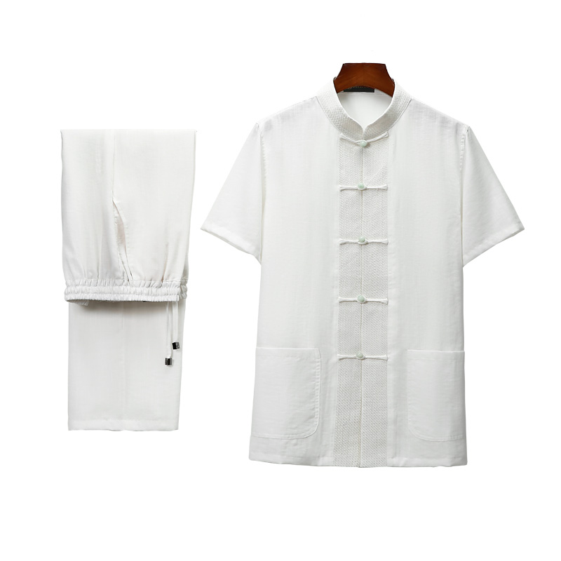 Tang nam ngắn tay phù hợp với Ngày của Cha quần áo nam trung niên ông mùa hè quần áo gió Trung Quốc lanh bông