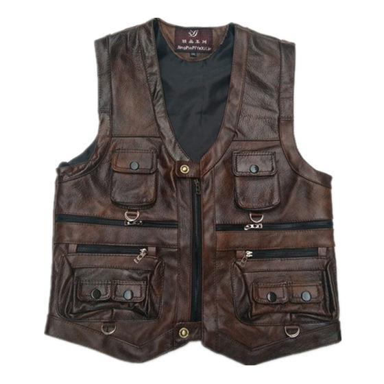 Spring, autumn, winter, middle-aged and elderly men's sheepskin vest, genuine leather vest, multiple pockets for the elderly, shoulder cuffs, oversized loose dad's outfit