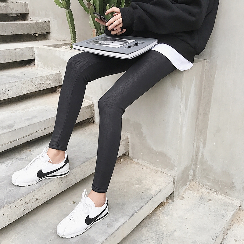 EKOOL皮裤女加绒加厚打底裤韩版冬季外穿高腰紧身皮裤弹力小脚裤