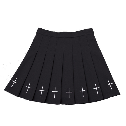 Preppy style heavy embroidered black high waist skirt a line