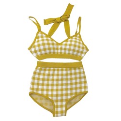 ເກົາຫຼີ hot spring slimming belly-covering plaid sexy suspender high-waisted knitted swimsuit for women split small breast push-up swimsuit