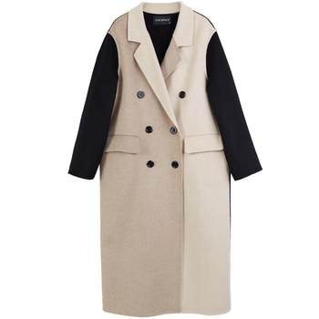 Yue Space Contrast Color Splicing Woolen Coat Loose Long Fashionable Autumn and Winter Wool Coat Women's Suit Collar Tie