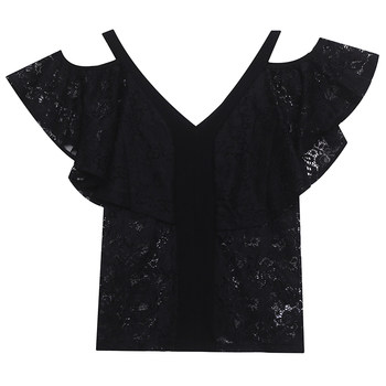 0european v-neck ແຂນສັ້ນ ruffled shoulder lace sexy