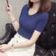 Áo ngắn nữ 2018 hè mới thấp cổ tròn đan đáy áo mỏng bó sát hoang dã áo thun lụa ngắn áo thun áo len nữ ngắn tay