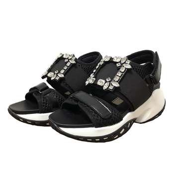 Qi Wei ດຽວກັນ RV rhinestone sandals ຫາດຊາຍຫນາ soled ສໍາລັບແມ່ຍິງ summer Velcro ຫນັງສີ່ຫຼ່ຽມມົນ buckle ເກີບກິລາເວທີ ins trend