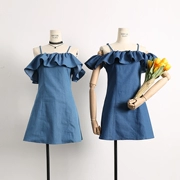 Hàn Quốc phiên bản của từ cổ áo xù off-the-vai denim dây đeo đầm eo cao mỏng một từ váy phụ nữ