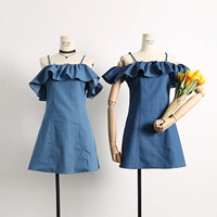 Hàn Quốc phiên bản của từ cổ áo xù off-the-vai denim dây đeo đầm eo cao mỏng một từ váy phụ nữ váy xòe