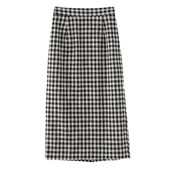 ສິ້ນຝ້າຍ plaid ແລະ linen ແມ່ຍິງກາງ-ຍາວ skirt 2026 ພາກຮຽນ spring ແລະ summer ໃຫມ່ສະບັບພາສາເກົາຫຼີຖົງແອວສູງ hip skirt slit ສິ້ນຫນຶ່ງຂັ້ນຕອນ