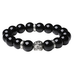 Original obsidian with back pattern Tibetan silver Pixiu head round bead carved bracelet fashionable men's and women's couple bracelet gift