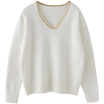 MMC studio sweater ins women's style lazy style gold chain V-neck pullover sweater women's solid color sweater