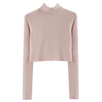 Spring and Autumn New Korean Style Half-Turtleneck Pure Cotton Slim-Fit Long-Sleeve Short T-Shirt Base Layer Women's Top T-Shirt