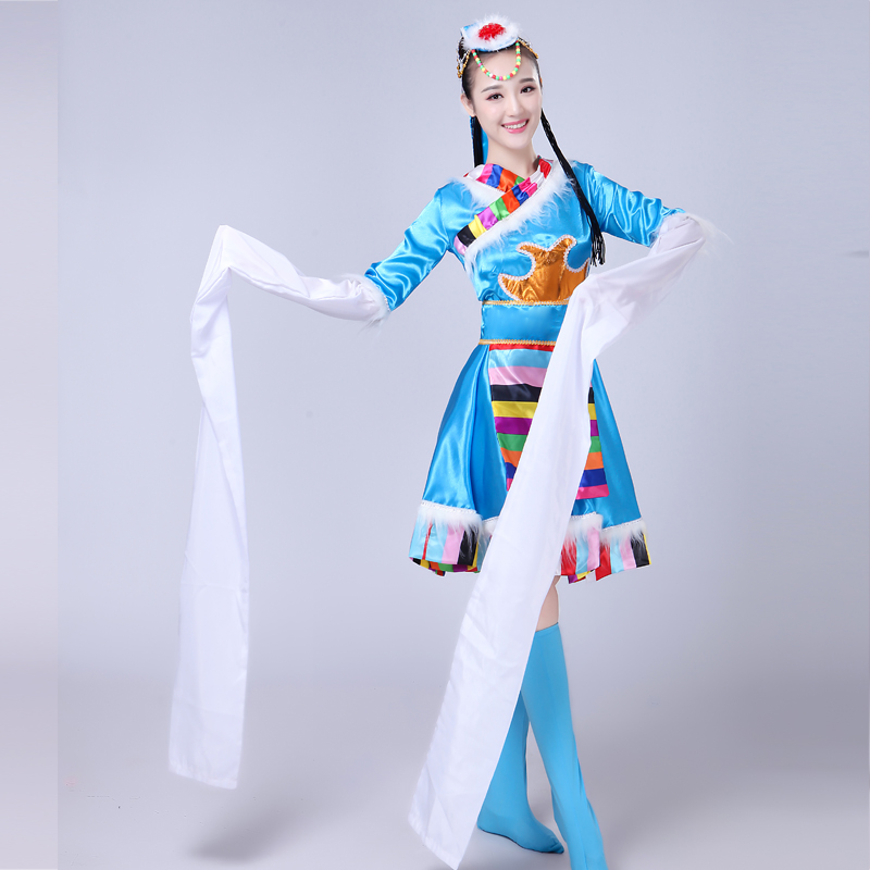 phù hợp với điệu nhảy Tây Tạng Zhuoma nữ trưởng thành phong cách quốc gia thực hiện váy ngắn dài tay Tây Tạng quần áo hiệu suất