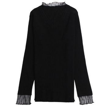 ເສື້ອຢືດສາຍຄໍ V-neck lace mesh splicing sweater bottoming shirt women's long-sleeved 2021 spring and autumn pullover inner pullover knitted top