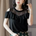 Áo sơ mi nữ lệch vai hè hè tay ngắn nữ 2019 mới thủy triều rỗng lưới sợi sen phiên bản Hàn Quốc áo thun đen rộng - Áo phông áo phông ngắn tay Áo phông