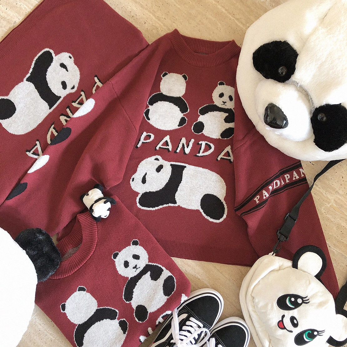 Original panda letters retro dark red casual 100 hitch super loose sweater K