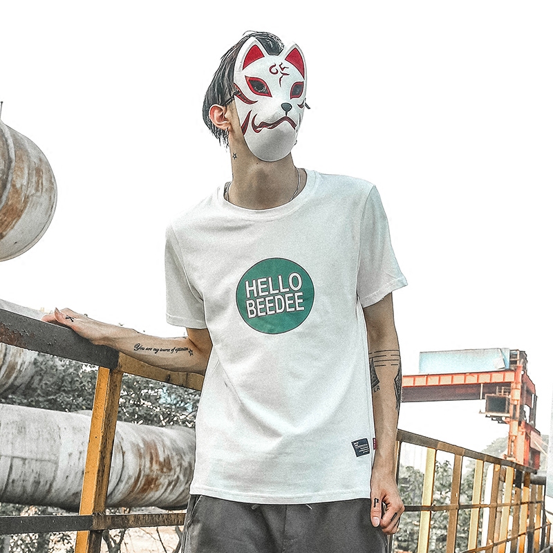 辰未原创男装夏装青少年胸前圆形字母印花圆领短袖上衣男棉短袖潮