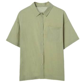 Bestow 2024 summer chic retro literary small fresh slim mustard green half-sleeved short-sleeved shirt for women