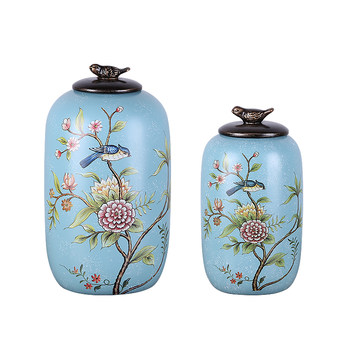 American Country-Style Flower and Bird Ceramic Vase Storage Jar Home Soft Furnishings Living Room Entrance Wine Cabinet Model House Decoration