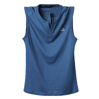 Henry collar pure cotton thin summer summer vest V-neck men's wide shoulders plus fat enlarged loose chopped shoulder undershirt fat guy sleeveless T-shirt