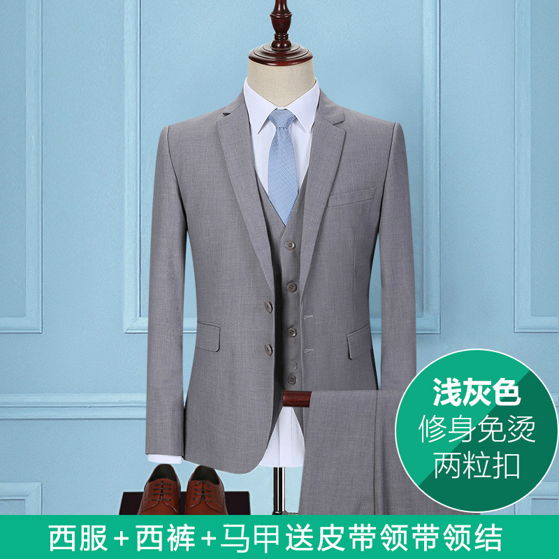 Suit Junfin Bird nam nhẹ Grey Ba mảnh Trim Groom Wedding Dress Professional Workwear chính