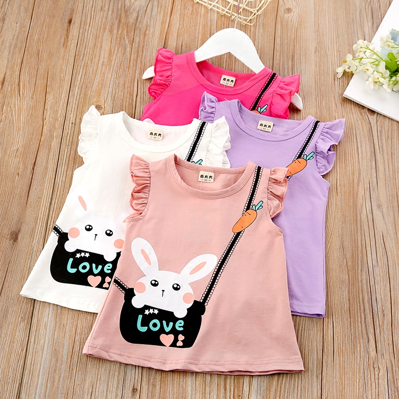 Girl Summer T-shirt new female baby Leisure 1 4 inch sleeve wrench sleeve jacket Korean version Children small rabbit printed T-shirt