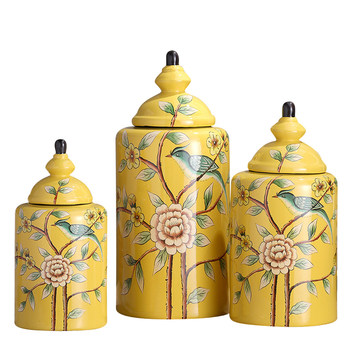 American Country-Style Flower and Bird Ceramic Storage Jar, Home Soft Decoration, Entrance Hall Model Room Ornament, Ceramic Vase, Flower Vessel
