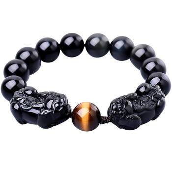 Qiansi Natural Crystal Obsidian Double Pixiu Bracelet for Men and Women, Gold Obsidian Pixiu Bracelet, Jade Black Obsidian Pixiu