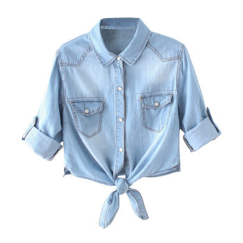 ການຈັບຄູ່ dress spring and summer denim thin shawl women's short top knotted mid-sleeve small coat cardigan ເຄື່ອງນຸ່ງປ້ອງກັນແສງແດດ