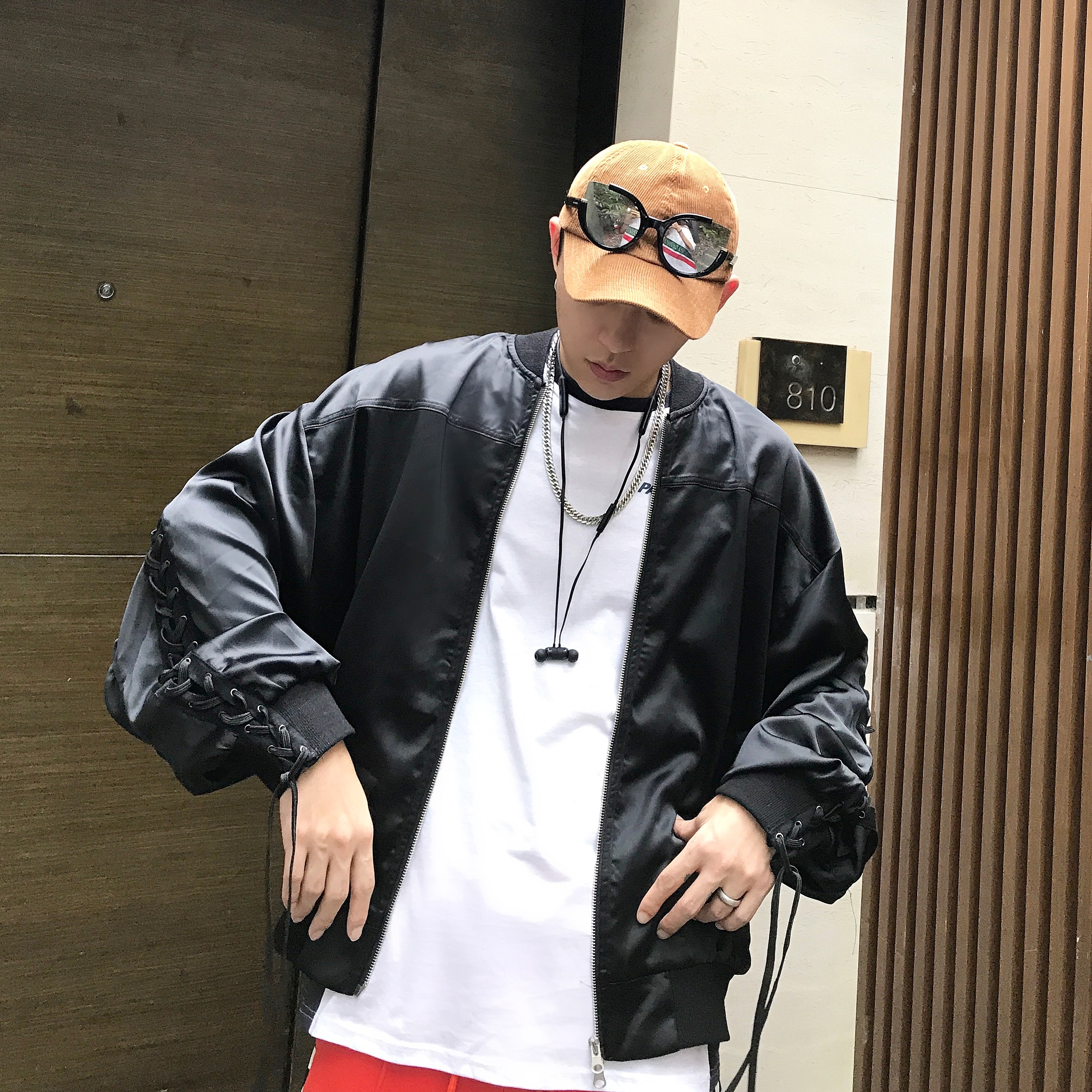 「money X3」定制 欧美机车S宽松后摆街头系带拼接丝滑潮拉链外套