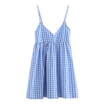 Dream Box 2022 Summer New Style Fresh Plaid Dress High Waist A-Line Skirt Cotton Beach Skirt Plaid Suspender Skirt